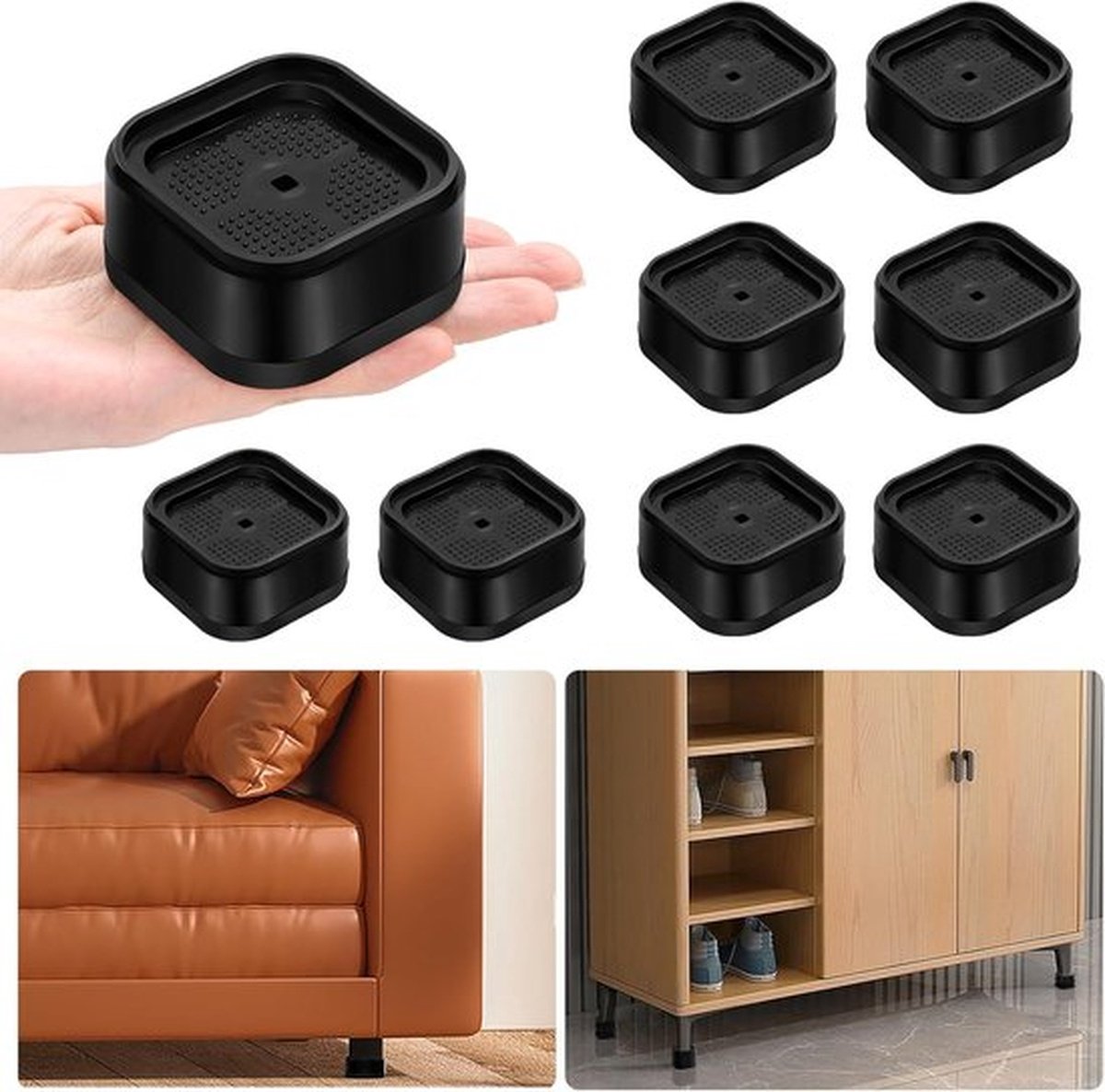 8-stuks meubelverhogers - Verstelbare bedverhogers voor zwaar gebruik - voor tafel, bureau, bank, stoel, bankkast, bedpoten, slaapzaal - Zwart