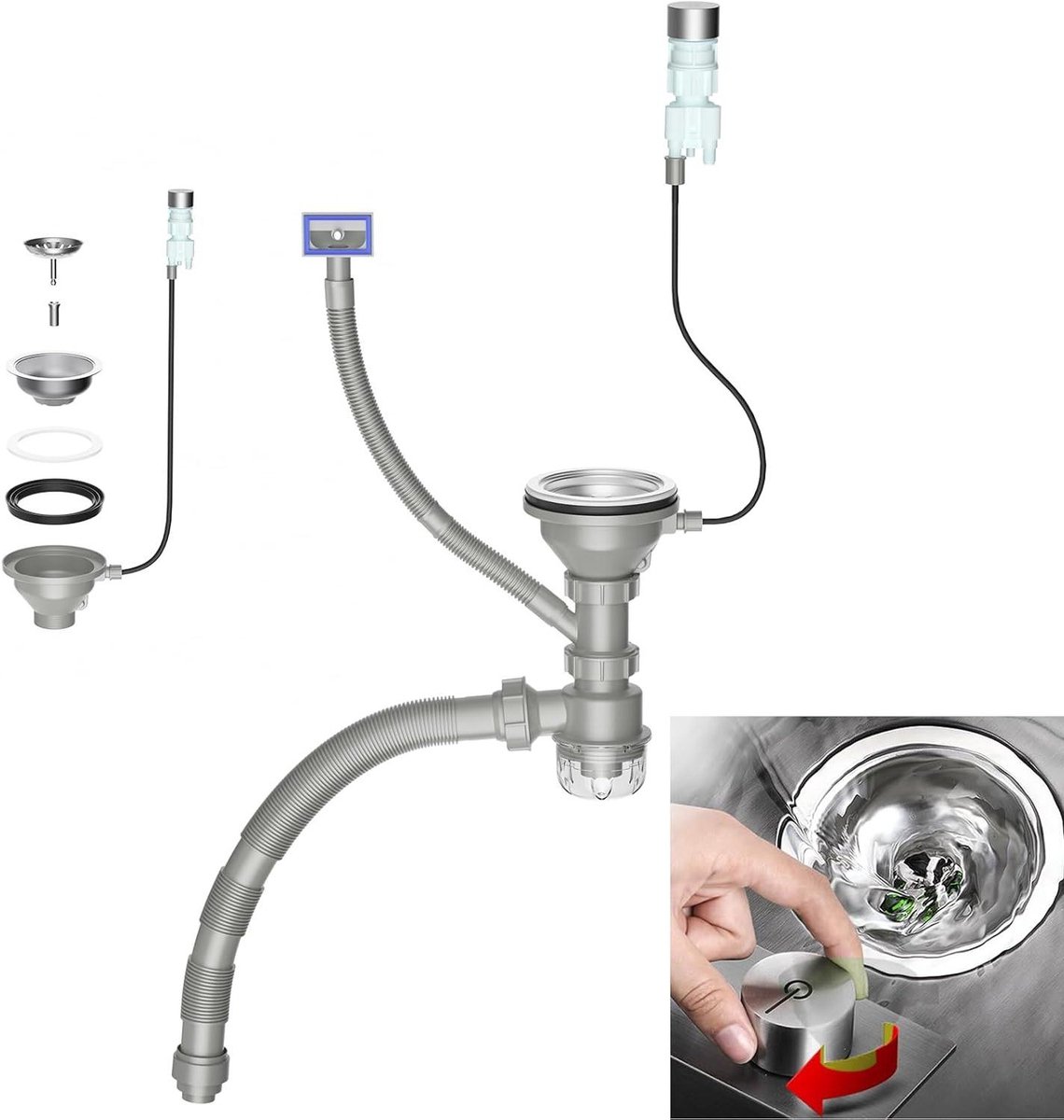 Aanrecht Afvoer Kit - Gootsteen Afvoer - Hygiënisch Werken - Bedieningsknop - 3-1/2 inch - Grijs
