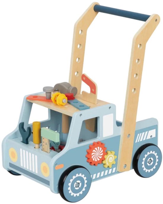 Houten loopwagen, blauw vrachtwagenmodel met gereedschap op het dashboard en in de laadbak.