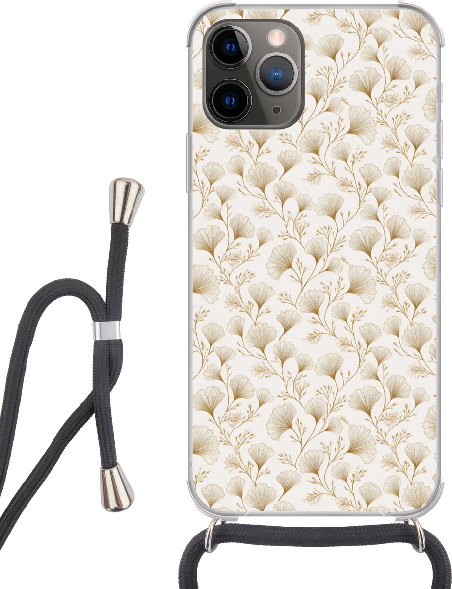 Telefoonhoesje Geschikt voor iPhone 13 Pro - Ginkgo - Takken - Goud - Siliconen - Crossbody - Backcover met Koord - Telefoonhoesje met koord - Hoesje met touw Telefoonhoesje