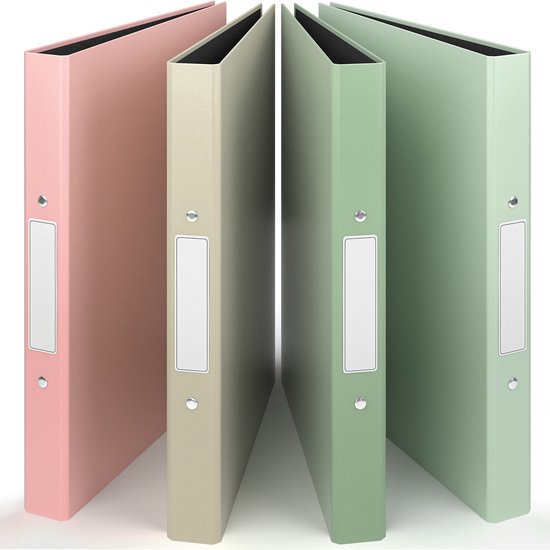 Vier ringmappen in roze, beige, lichtgroen en groen, schuin opgesteld.