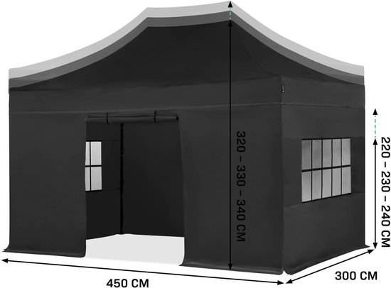 VONROC Easy-Up Partytent – 3x4.5 m - Premium easy-up Partytent - Set incl. Zijwanden - Modu-lair Ontwerp – Opvouwbaar – Waterdicht – Stalen Frame - 50+ UV Bescherming - Incl. Opbergtas - Zwart