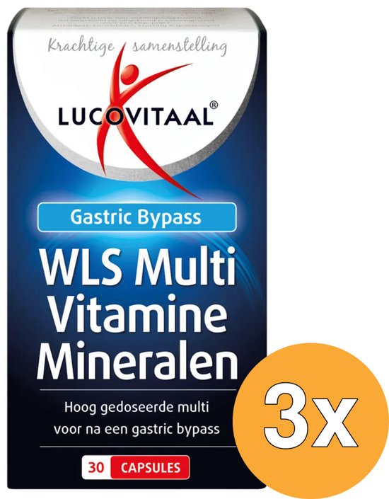Lucovitaal WLS Multi Vitamine Mineralen verpakking met 30 capsules, 3-stuks aanbieding met oranje icoon.