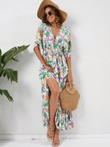 Dames zomerjurk, maxi-jurk met V-hals, korte mouwen, strandjurk met bloemenprint, hoge taille, boho-maxi-jurk Strandvakantie en vrije tijd groen S
