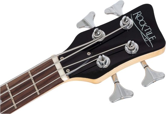Zwarte kop van een elektrische basgitaar met 'ROCKTILE' logo en zilveren stemmechanieken.