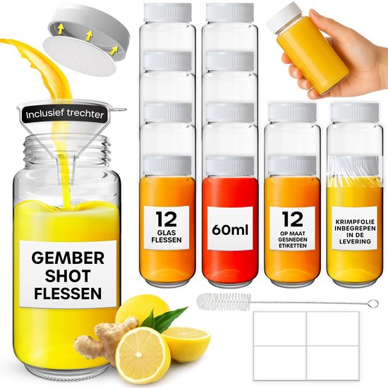 Shotflesjes met deksels - 12 stuks 2 oz/60 ml herbruikbare glazen shotflesjes met deksels, trechter, etiketten, krimpfolie & reinigingsborstel