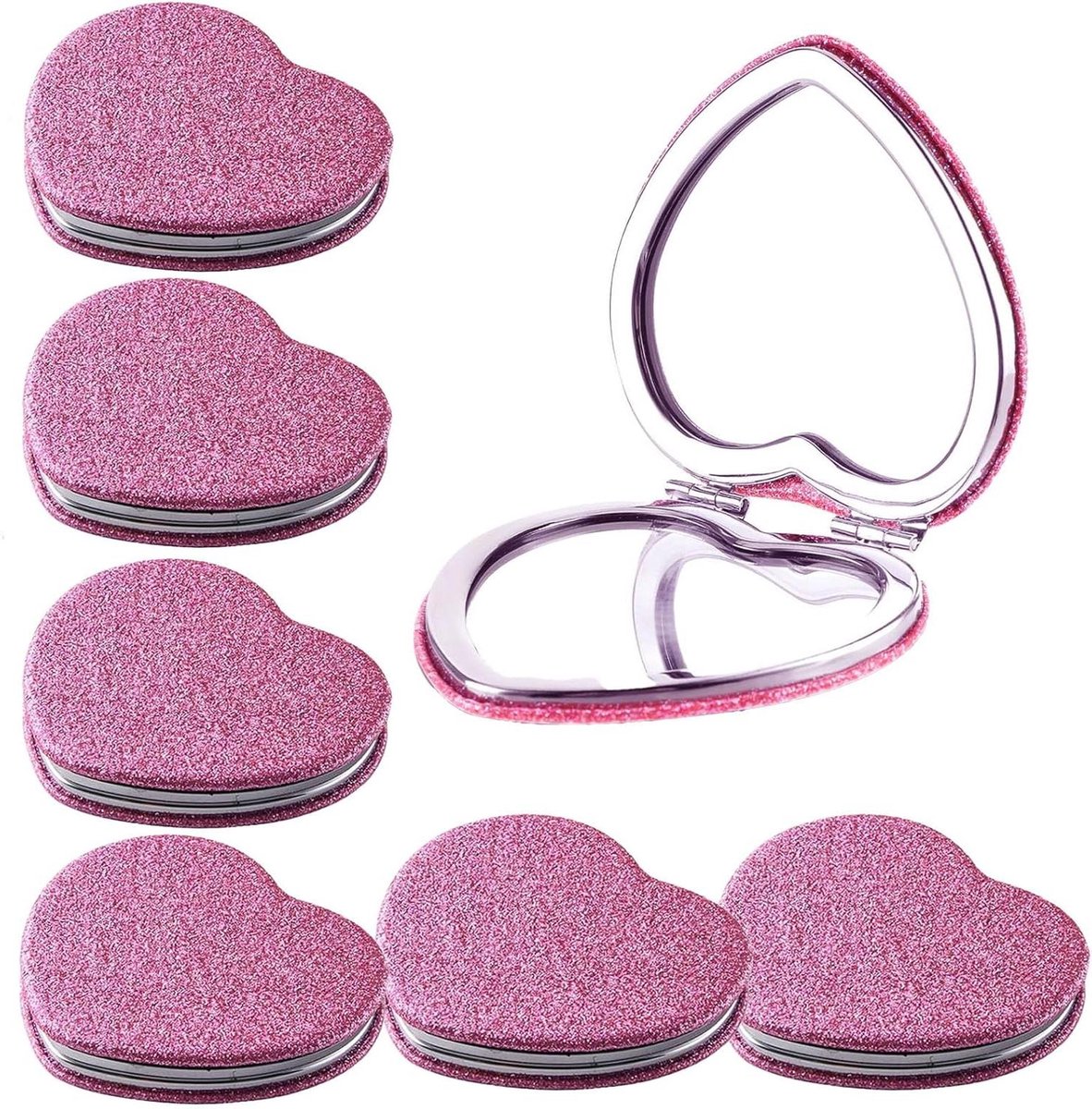 Hartvormige Compacte Spiegels - Make-up Spiegel Pocket - Make-up Aanbrengen - Glitter Afwerking - 6 Stuks - Roze