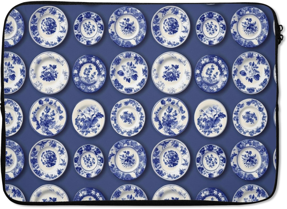 Laptophoes 13 inch - Borden - Floraal - Blauw - Laptop sleeve - Binnenmaat 32x22,5 cm - Zwarte achterkant