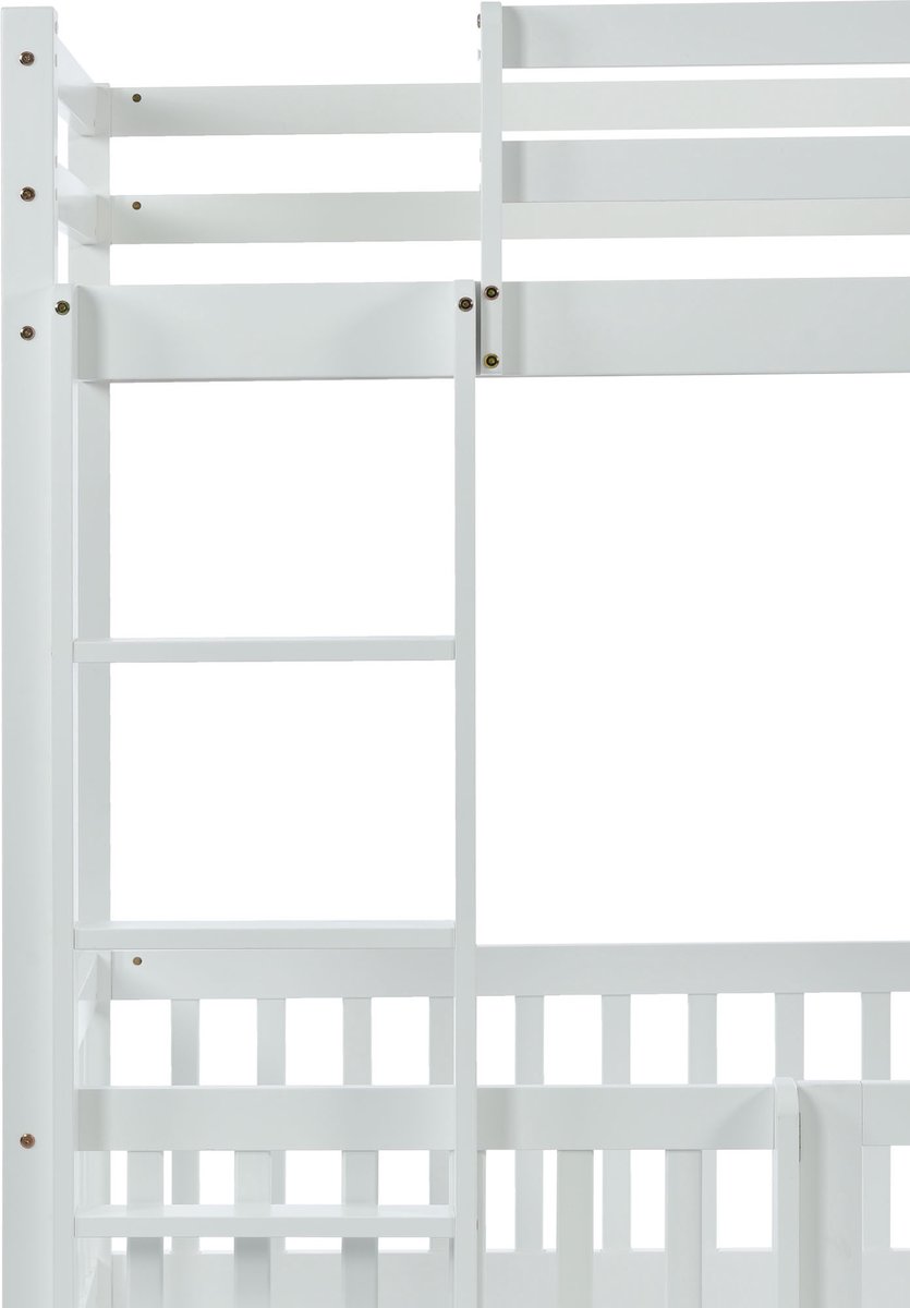 FloraGrace Stapelbed 90x200 cm - Haakse Trap en Veiligheidshek - Ruimte Onder Bed - Kinderkamer - Hout - Wit - Zonder Matras