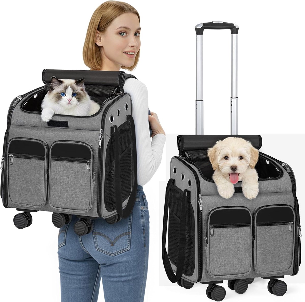 Huisdierendraagtas, draagtas met wieltjes, kattendraagtas met wieltjes, voor katten en kleine honden, 4-weg handtas, multifunctionele rugzak, ademend, grijs