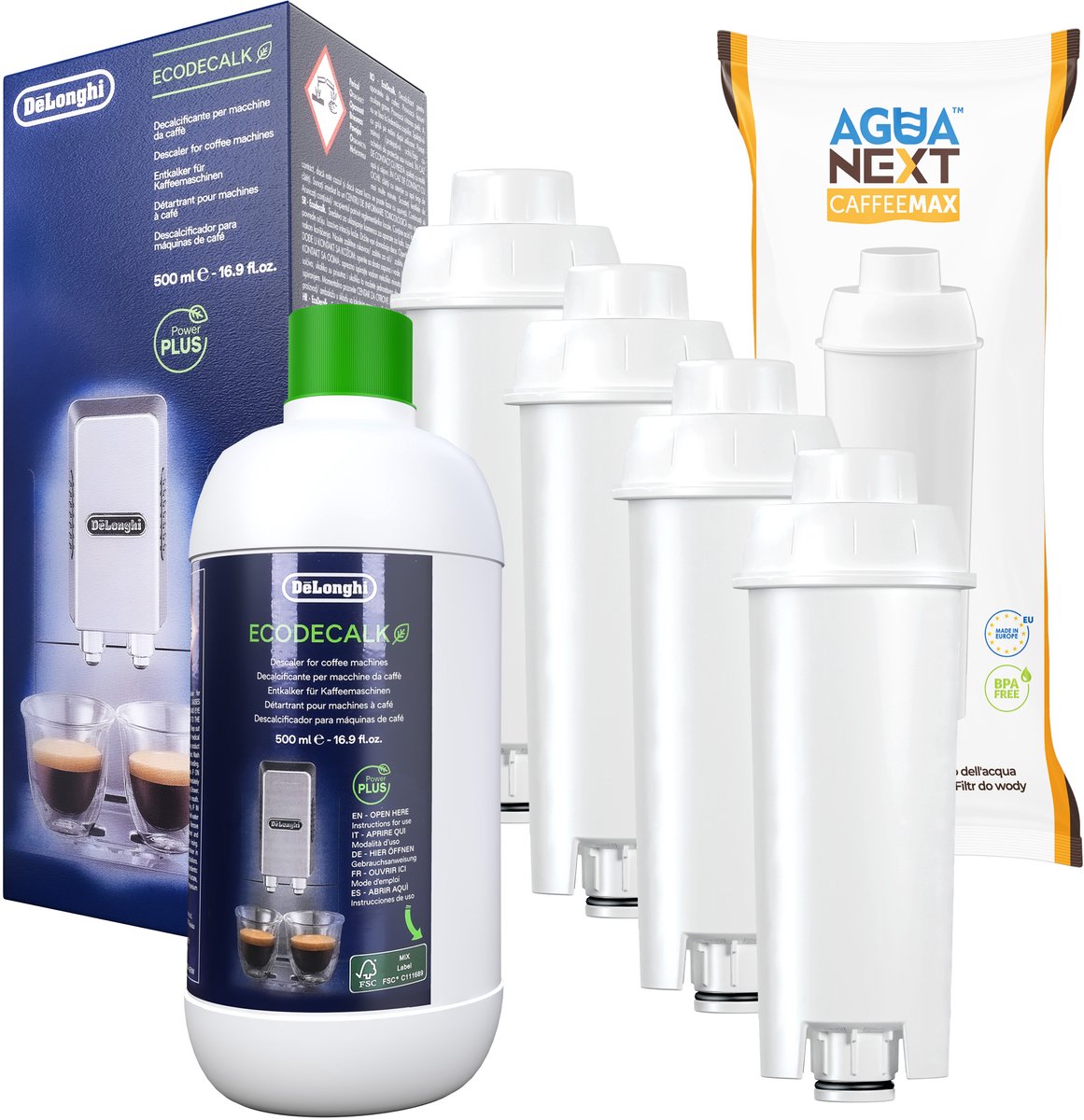 Agua Next, 4x waterfilter voor koffiemachines, filterpatroon compatibel met Delonghi, vervanging SER3017 DLS C002+ 1x ontkalker, DeLonghi EcoDacalk 500ml, origineel, kit voor espressomachine