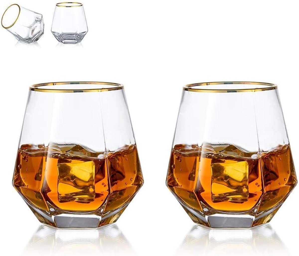 Set van 2 Diamantvormige Whiskey Glazen - 300ml Tumbler voor Water, Sap en Scotch - Modern Design voor Bourbon en Rum