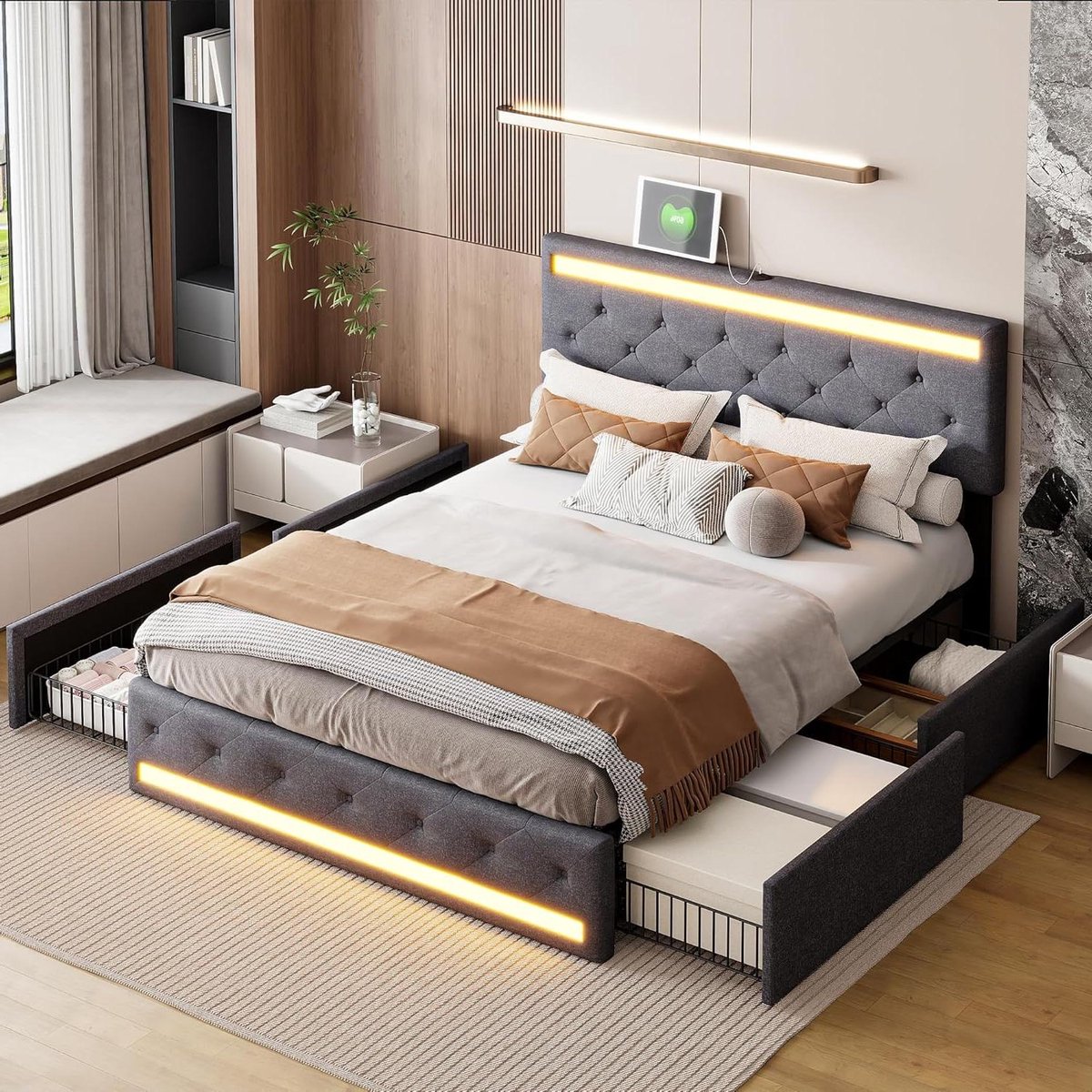 Tweepersoonsbed met Opbergruimte - Ladebed Opbergbed - Slaapkamer Organiseren - Hoofdeinde met USB Opladen - 160 x 200 cm - Donkergrijs