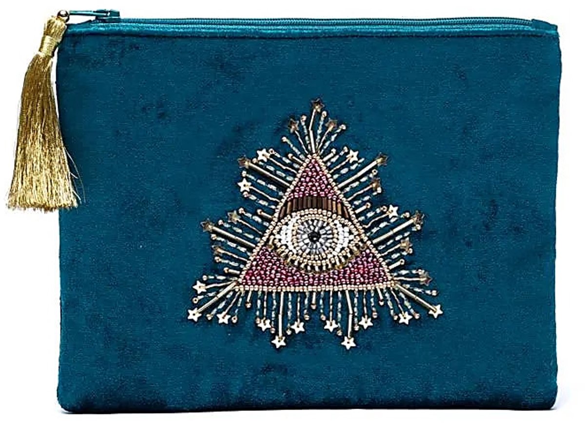 Fluwelen Etui Met Ritssluiting Petrol Met Tarotoog - 20x15 Cm - 20x15 cm