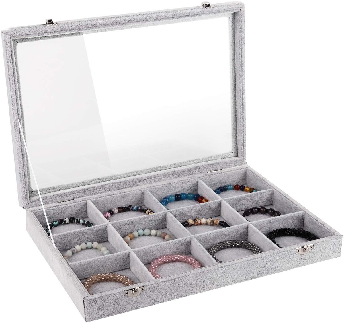 Vt products - Sieraden lade - Sieraden organizer - Met deksel en slot - Grijs - Fluwelen showcase - Geschikt voor dames en meisjes