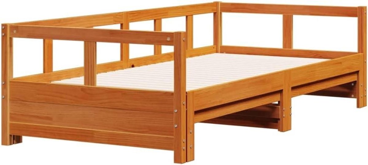 Slaapbank met onderschuifbed - Bankbed Gastenbed - Ruimte Besparen - Massief Grenenhout - 90x200 cm - Wachsbraun