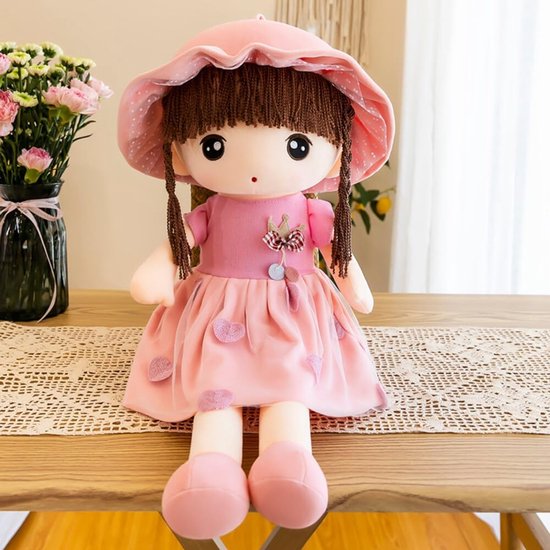 Knuffelpop Meisjes - Zachte Stoffen Pop - Kinderspeelgoed - Met Rok en Hoed - 60 cm - Roze — afbeelding 2