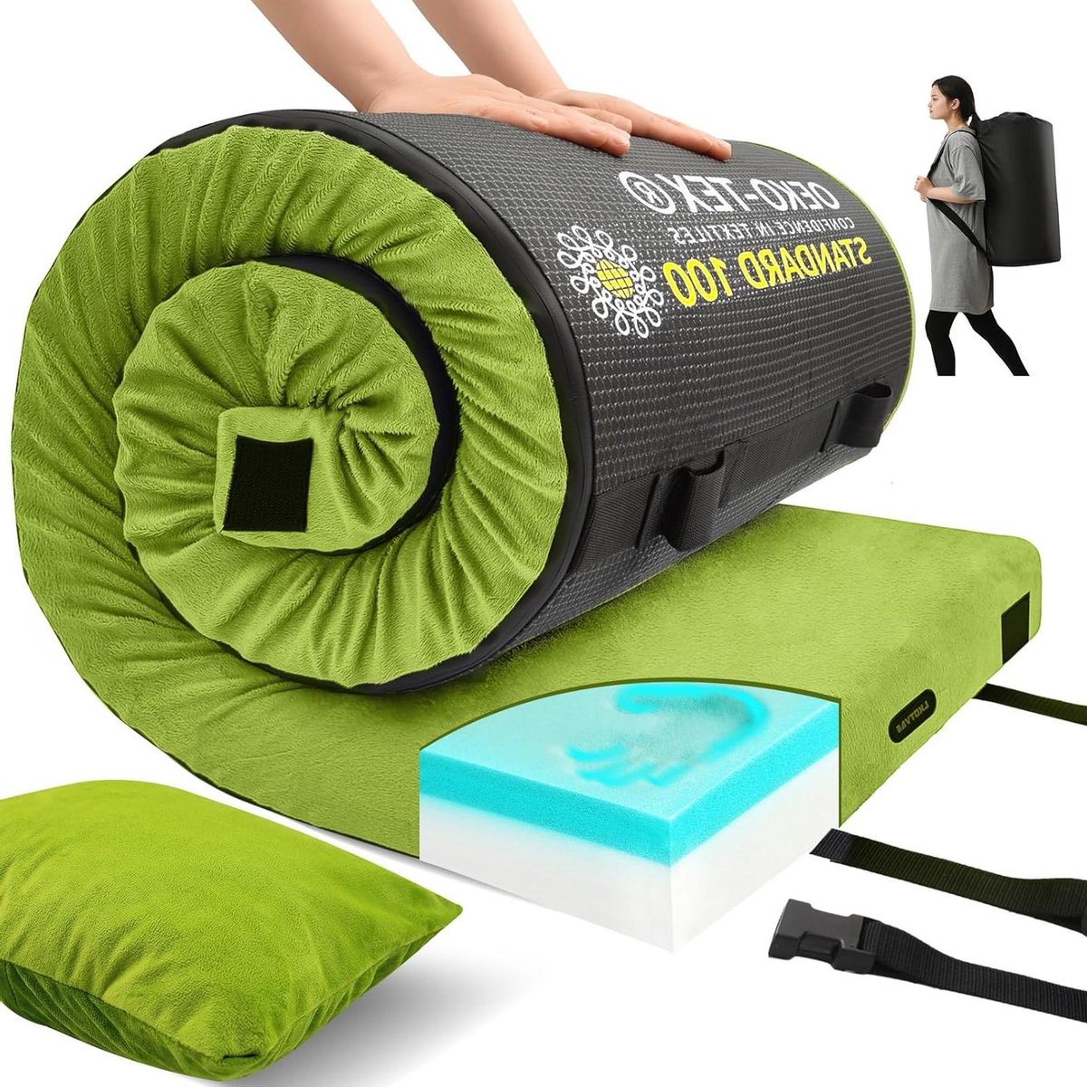 Traagschuim Slaapmat - Kampeer Matras Vloer - Kamperen en Logeren - Dubbellaags Comfort Schuim - 190 x 96 cm - Groen