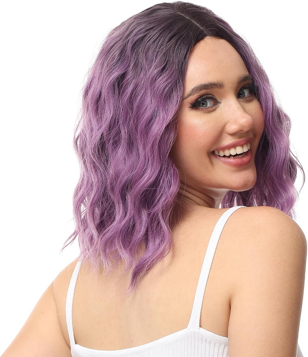 Lila Korte Haar Wieg - Synthetisch - 35cm - Verstelbare Middelste Scheiding - Lace Front - Krullend - Golvend - Voor Vrouwen