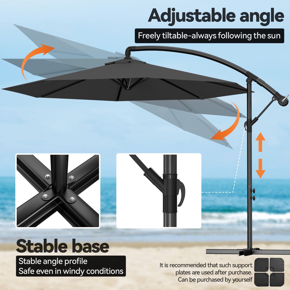 Zweefparasol Ø300 cm - Aluminium Parasol Kantelbaar 360° Draaibaar - Hangparasol met Kurbel UV-bestendig Waterafstotend - Tuinparasol Zonder Middenpaal - Donkergrijs – foto 5