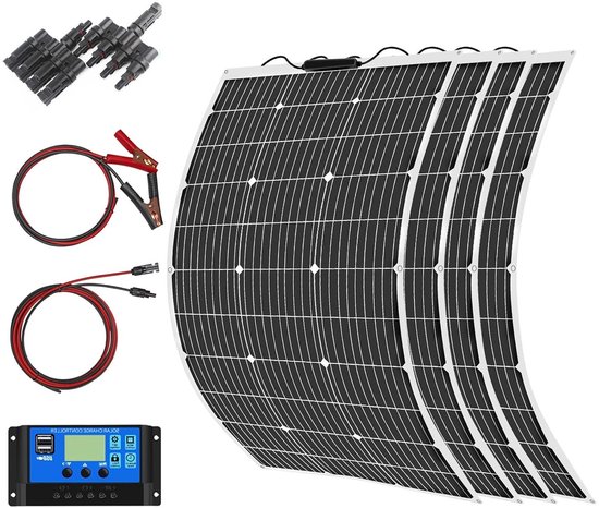 400W 12V Flexibel Zonnepaneel Kit, 4 stuks 100W, 40A Laadregelaar met 4 in 1 Adapterset, Verlengkabel en Krokodillenklemkabel voor Camper, Auto, Boot,Caravan, Batterij