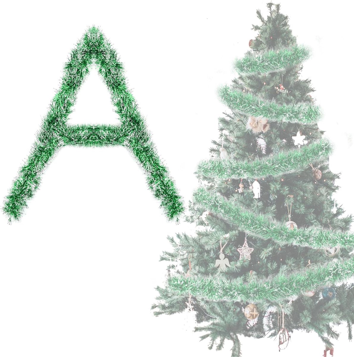 Tinsel Christmas Tree Garland Green & White - 4 x 3M - Shiny Diameter 9 cm - Christmas Tree Decorations - Green Holiday Decorations