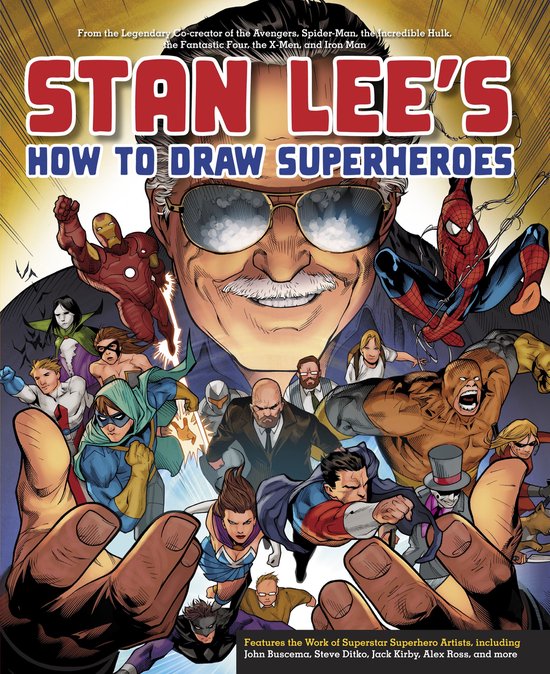 Boekomslag van "Stan Lee's How To Draw Superheroes" met Stan Lee centraal, omringd door superhelden. Tekst: "From the Legendary Co-creator..."
