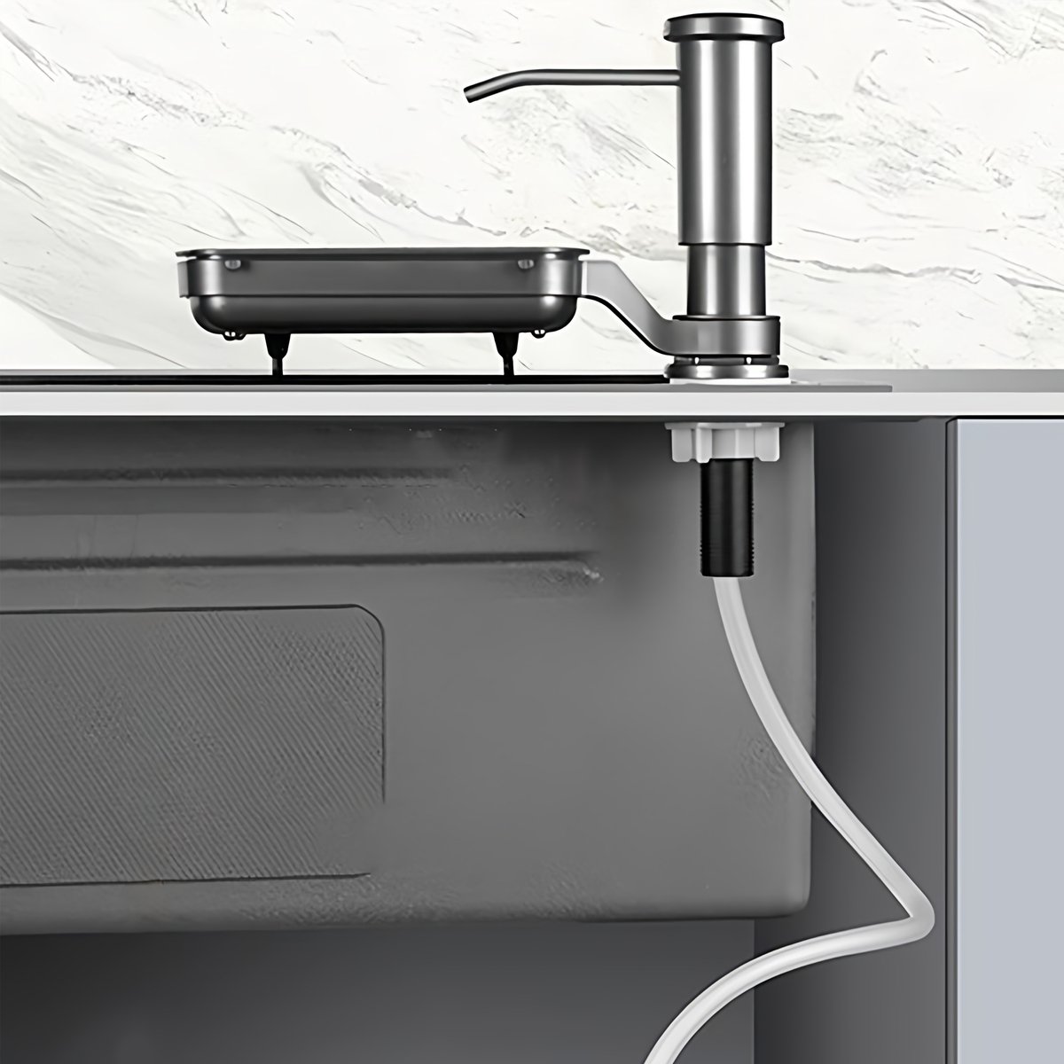 CHIWIN Zeepdispenser voor Keuken - Inbouw Afwasmiddel Dispenser - Met Verlengde Slang van 1m - Schroefdraad voor Zeepfles - Met Haakjes en 360° Draaibaar Plankje - Roestvrij staal