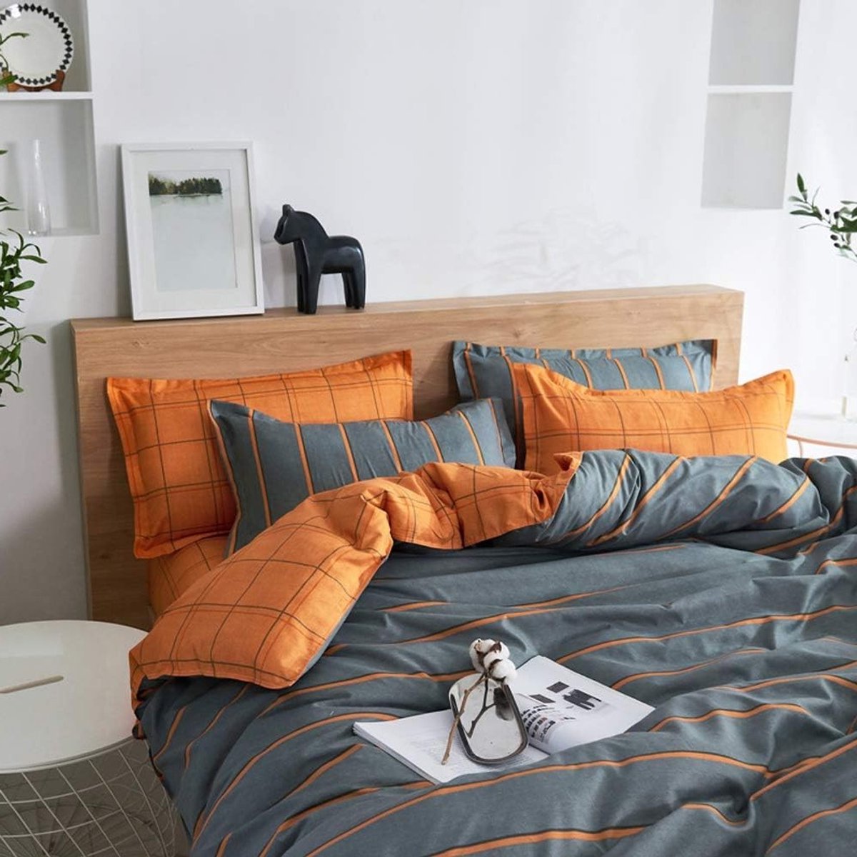 Dekbedovertrek set grijs met oranje streep - 4-delig beddengoed met dekbed, hoeslaken en kussenslopen – foto 2