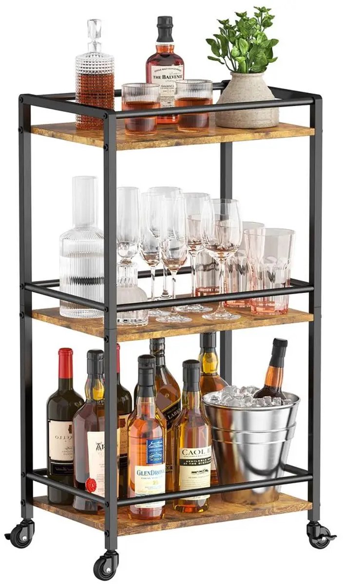 Rollende Barkar -Goud - 3 Trays - bruin - Drankwagen - Serveerwagen - Barkar Met Wielen - Theewagen - Keukentrolley - woonkamer