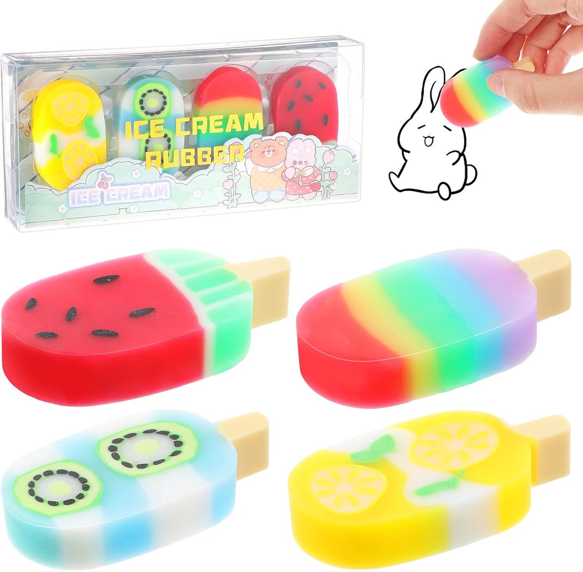 Set van 4 Kinderen Gum - PVC IJs Gummen - Fruit Rainbow School Cadeau