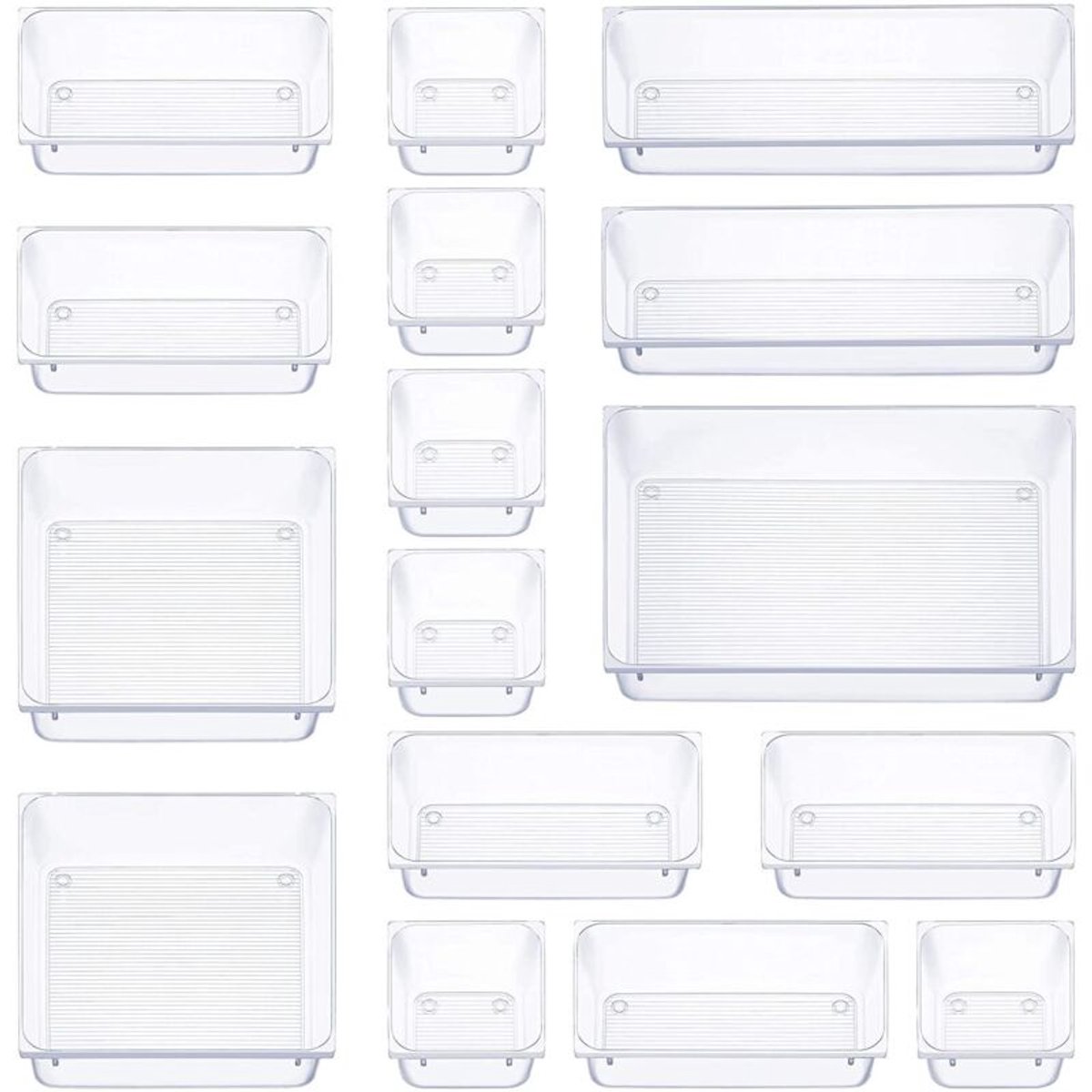 16-delige lade-organizerset, verkrijgbaar in 5 maten, antislip cosmetica-organizer, geschikt voor het opbergen van kantoorartikelen, kaptafel, badkamer en keuken (transparant).