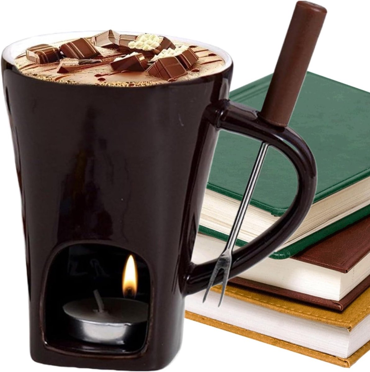 Ceramic Fondue Mug Set - Candle Powered Chocolate Melting Cup with Dipping Fork for Easy Dessert Making, Perfect Single Serve Treat Station for Home Celebration Family Gathering Holiday Party Sharing – foto 5