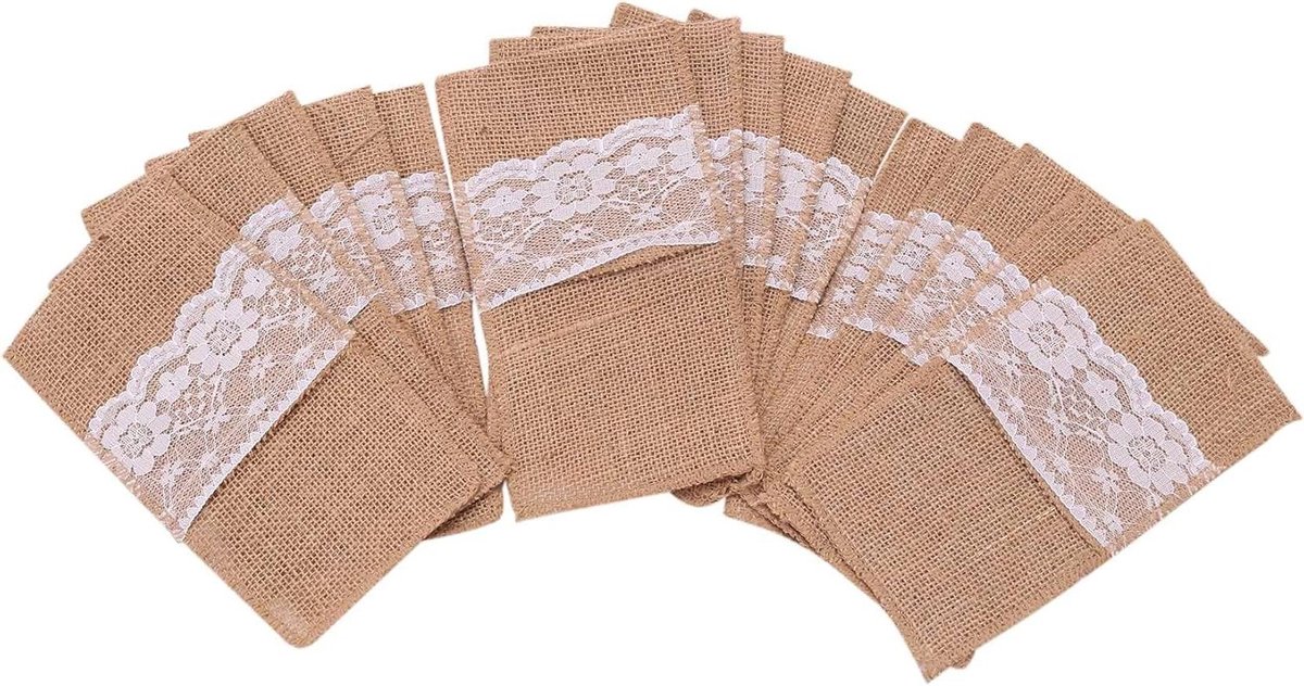 Bestekzakjes - Servieshouder - Tafeldecoratie Bruiloft - Rustieke Kant - 75 Stuks - Natuurlijk