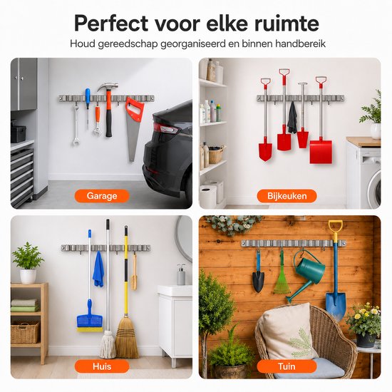 BOTC Bezemhouder - 5 Houders 6 Haken - 304-RVS - 5 Houders 6 Haken - 304 RVS - Zelfklevend 3M Tape - Gereedschapshouder - Bezem Ophangsysteem Tuingereedschap - Gereedschapshouder - Zilver — afbeelding 5