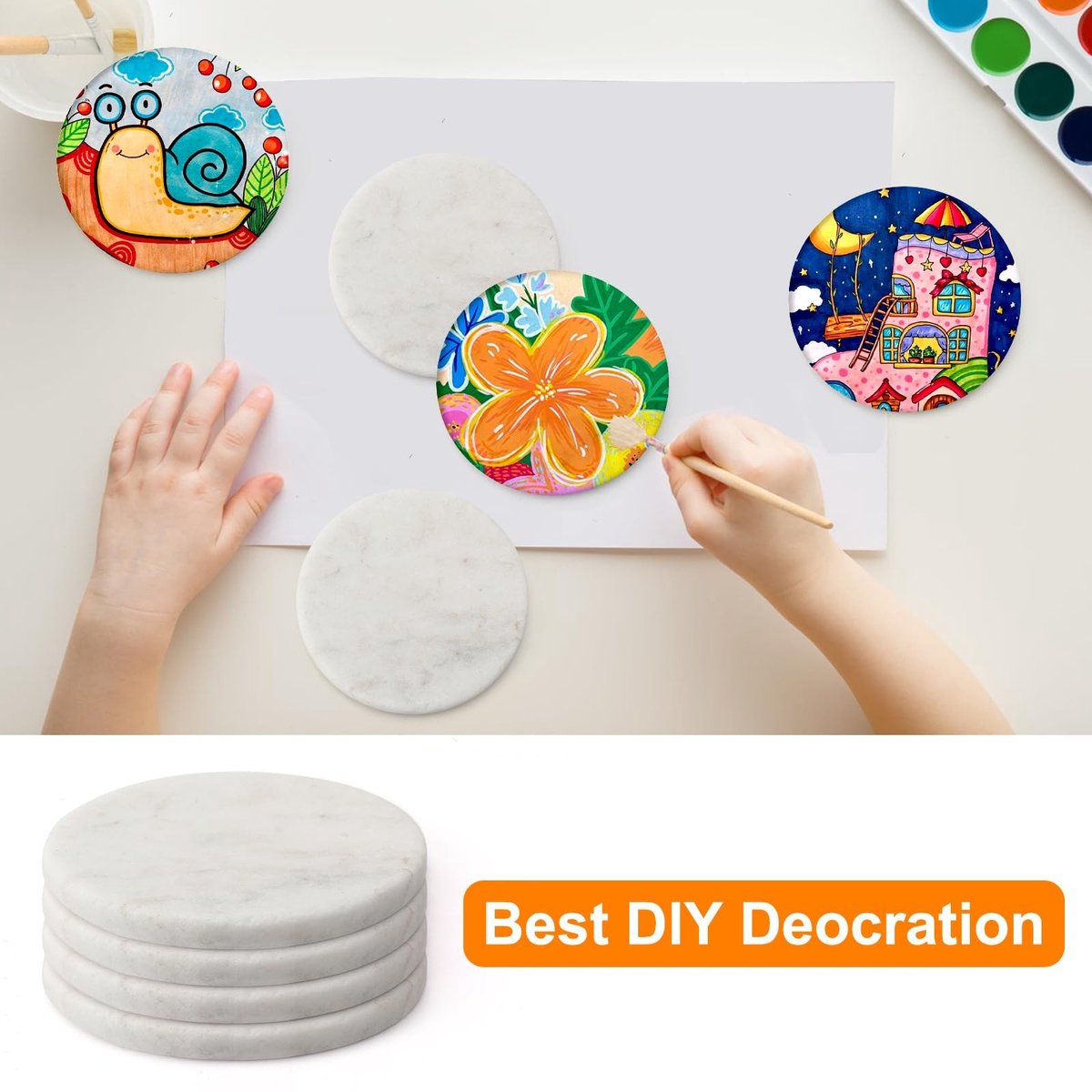 12 Stuks Platte Verfstenen voor Schilderen, Wit, Rond, Diameter 6.3 cm - Creatief Hobbymateriaal voor Kinderen en Volwassenen — cadeau in Hobby - foto 8