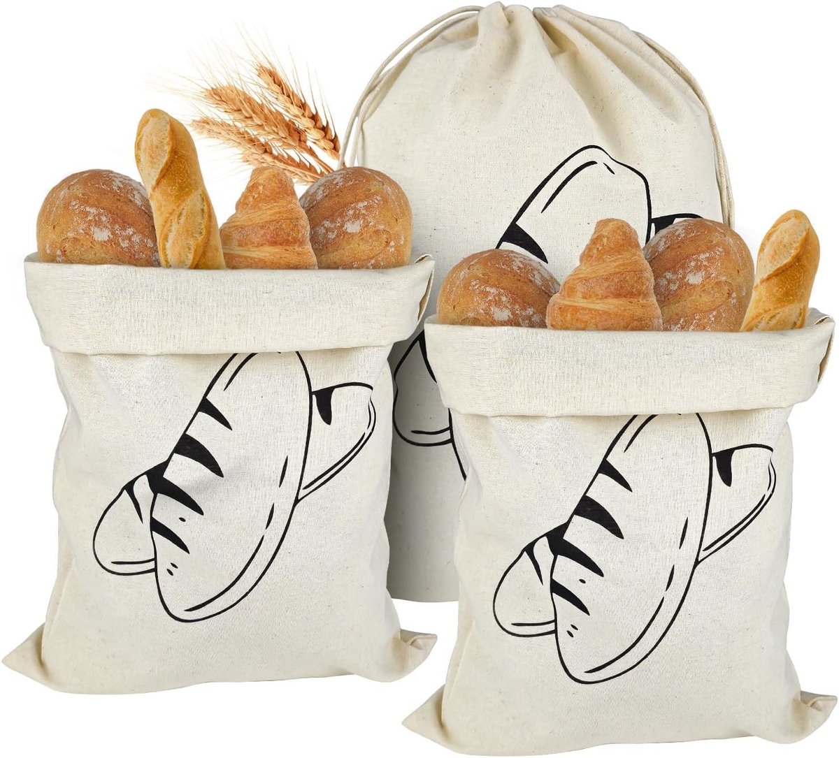 Dailygoods - Set van 3 Herbruikbare Linnen Broodzakken met Trekkoord, 40 x 30 cm