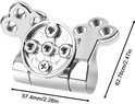 Zilverkleurige toiletbril scharnier met afmetingen in mm en inches.