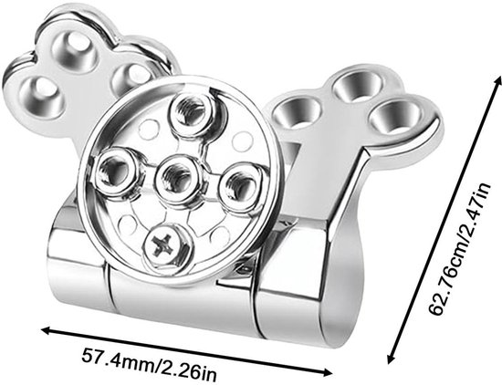 Zilverkleurige toiletbril scharnier met afmetingen in mm en inches.