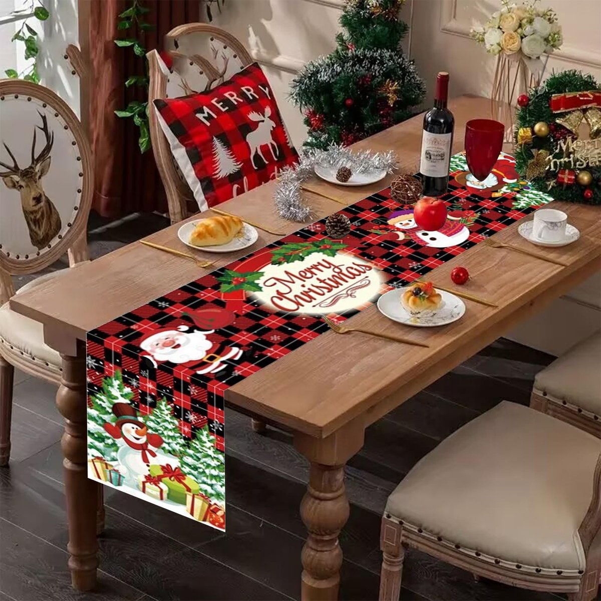 Dailygoods - Rood Zwart Geruite Tafelloper voor Kerst 35 x 180 cm