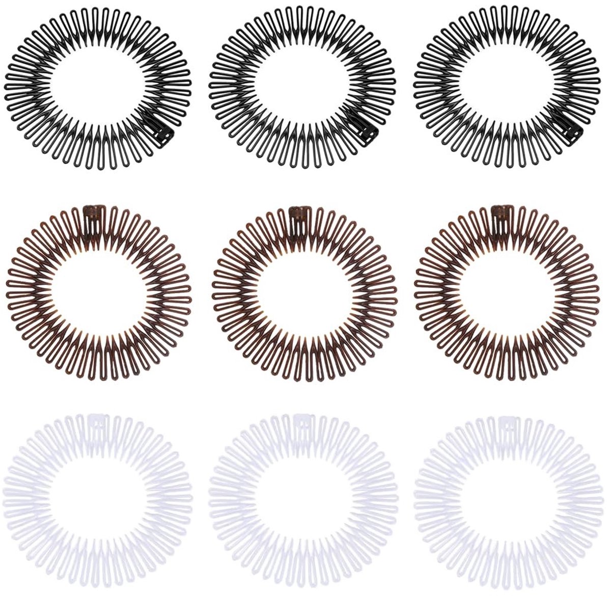 Dailygoods - Set van 9 Ronde Elastische Kammen in 3 Kleuren