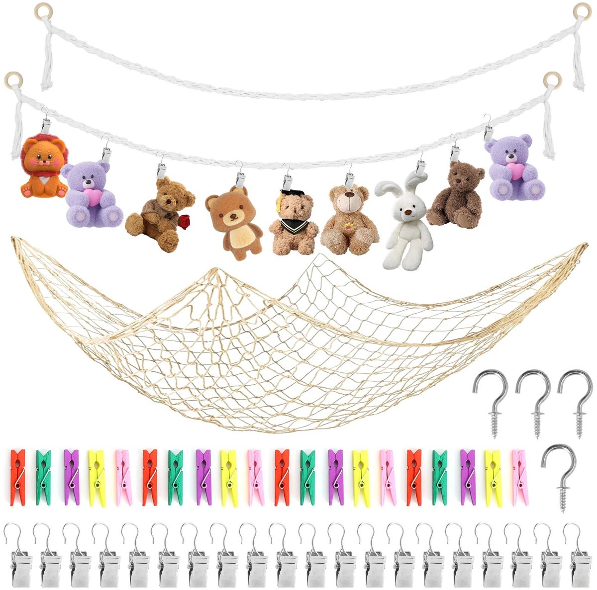 Dailygoods - Hangende Knuffeldierenhouders met 40 Clips - 2 Stuks