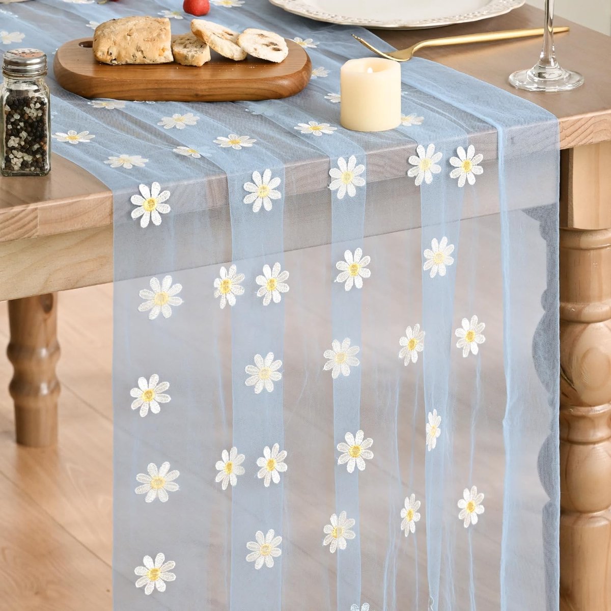 Dailygoods - Tafelloper met Madeliefjes Borduurwerk 70x300 cm voor Zomerdecoratie