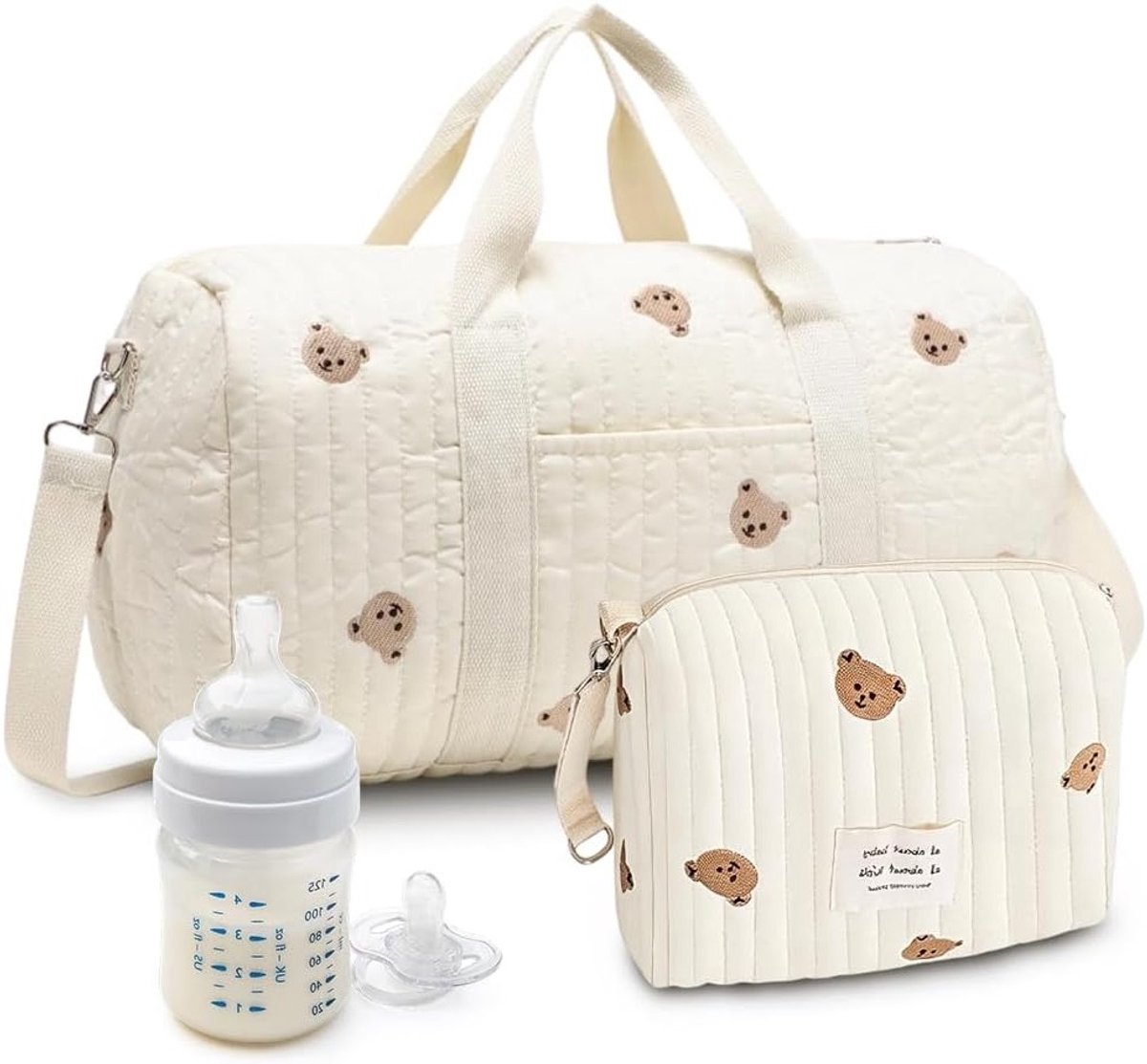 Luiertas en kliniektas set van 2, grote katoenen tas met borduurwerk en teddybeerpatroon, perfect voor ziekenhuisbezoek en reizen met baby essentials