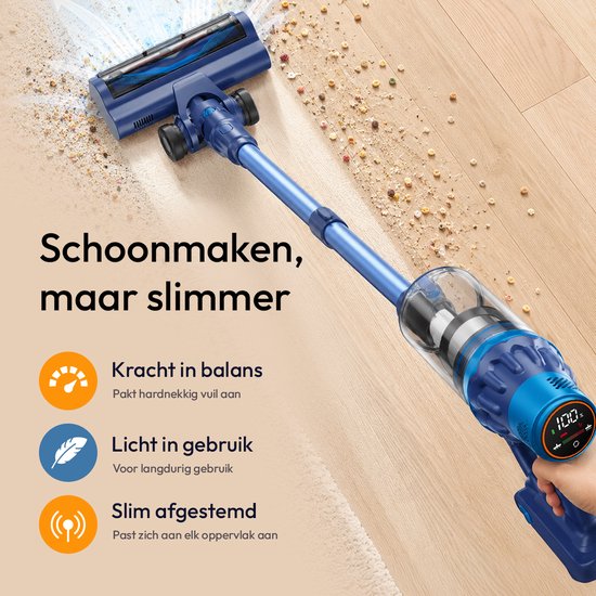 Blauwe steelstofzuiger maakt schoon, met indicatie voor kracht, gewicht en aanpassing.