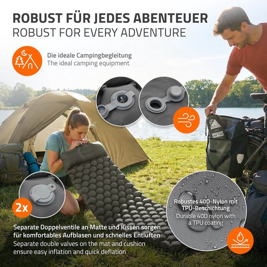 Campingmat, opblaasbare campingmat, grijs, outdoor luchtmatras met geïntegreerd kussen, ultralicht, compact & opvouwbaar — afbeelding 3