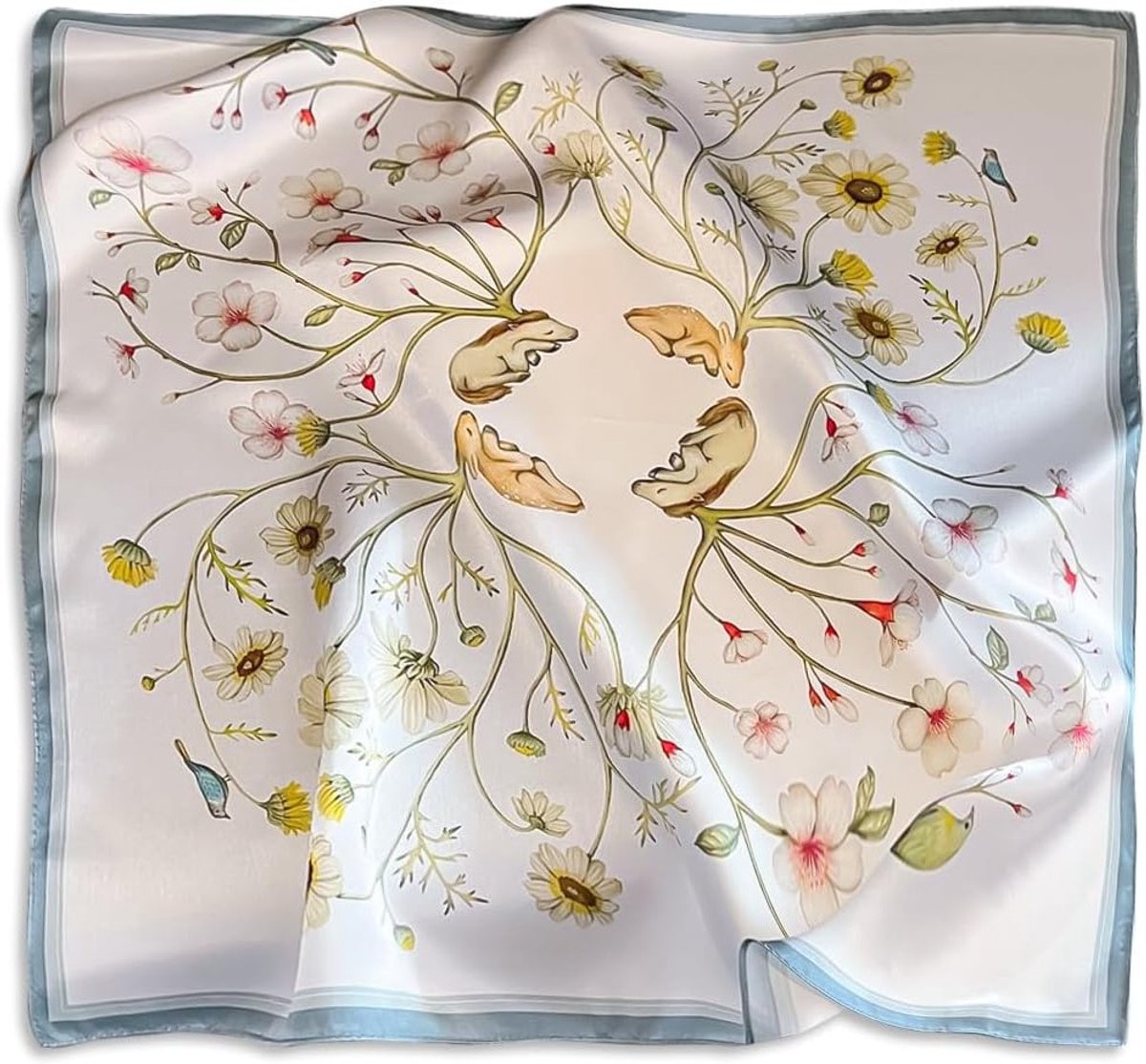 Zijde Sjaals voor Dames, Kleine Vierkante Sjaal met Natuurlijke Patroon en Verse Bloemen, Multifunctionele Sjaal voor Haar en Hoofd, 53 x 53 cm