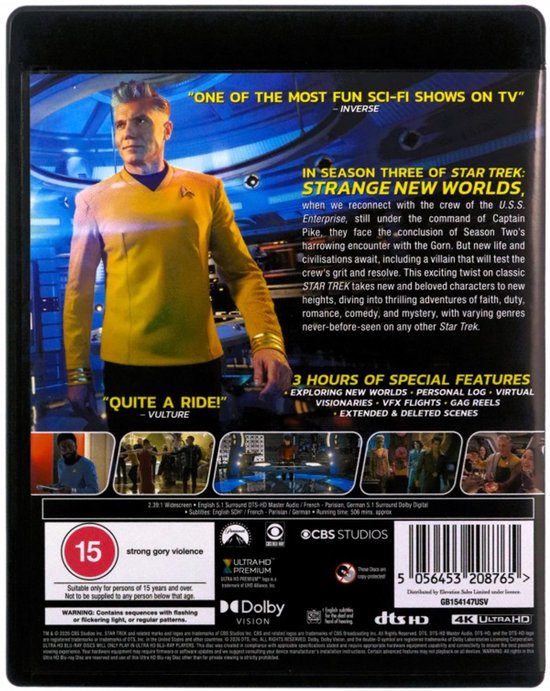 Achterkant Star Trek Strange New Worlds Seizoen Drie 4K Ultra HD Blu-ray hoes. Boven een quote, dan de plot, dan screenshots en speciale features.