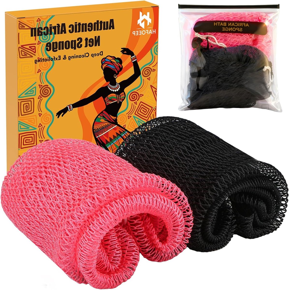 Authentieke Afrikaanse netspons set van 2, exfoliërende luffaspons voor lichaamspeeling, bad en douche gebruik