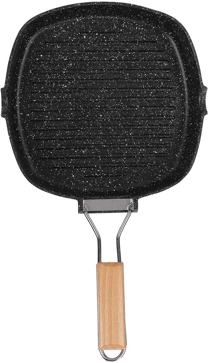 Koekenpan - Steakpan BBQ - Koken op inductie - Opvouwbaar handvat - 28CM - Zwart